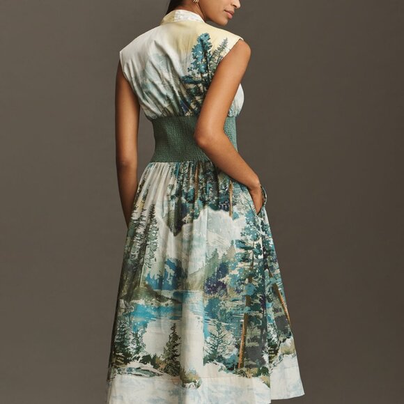 New Anthropologie The Tommie Cap-Sleeve Smocked Front-Zip Midi Shirt Dress - Picture 3 of 5